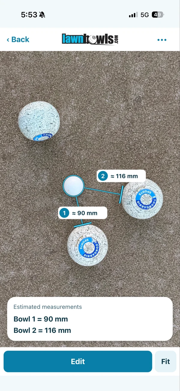 Bowls Measure photo with the jack and two bowls marked, showing estimated gaps of 90 and 116 millimetres