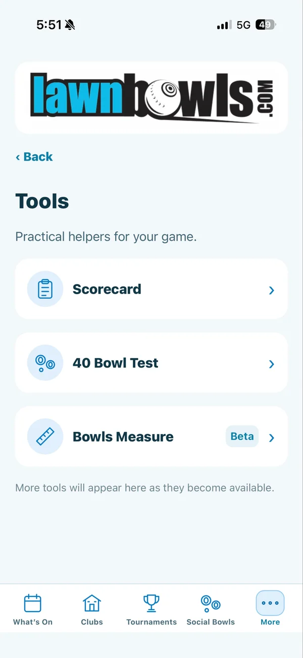 LawnBowls Tools menu with Scorecard, 40 Bowl Test and Bowls Measure