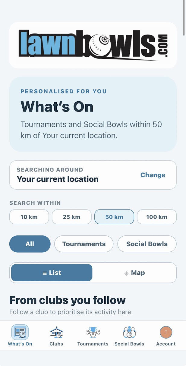 LawnBowls What’s On screen showing location, distance and event filters