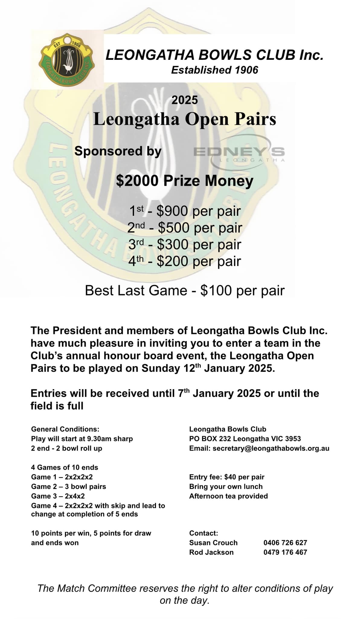 Leongatha Open Pairs flyer