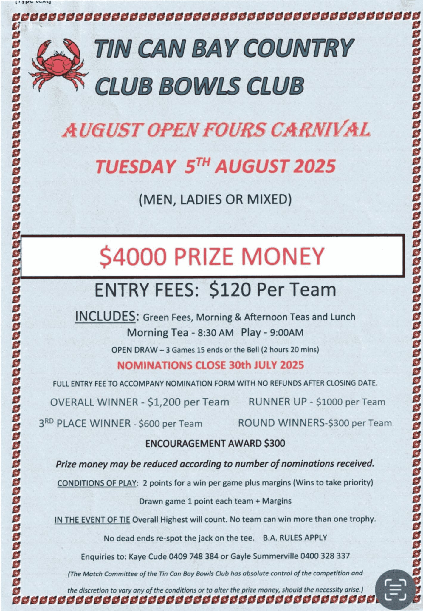 August Open Fours Carnival flyer
