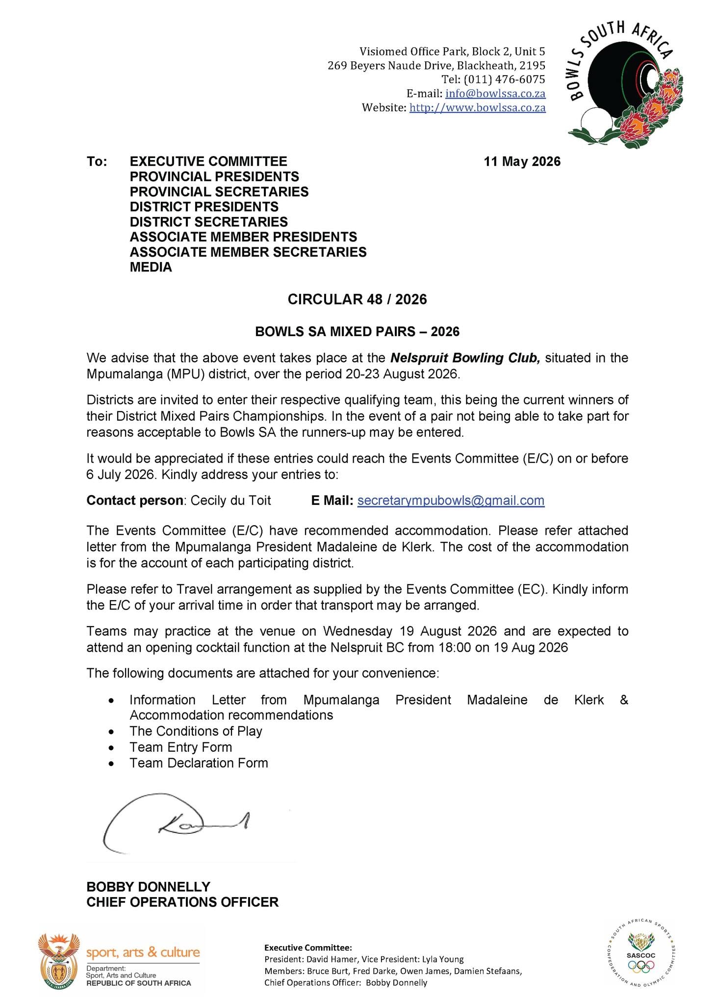 Circular 48 / 2026
Bowls Sa Mixed Pairs – 2026
We Advise That The Above Event Ta... Circular 48 / 2026
Bowls Sa Mixed Pairs – 2026
We Advise That The Above Event Ta...