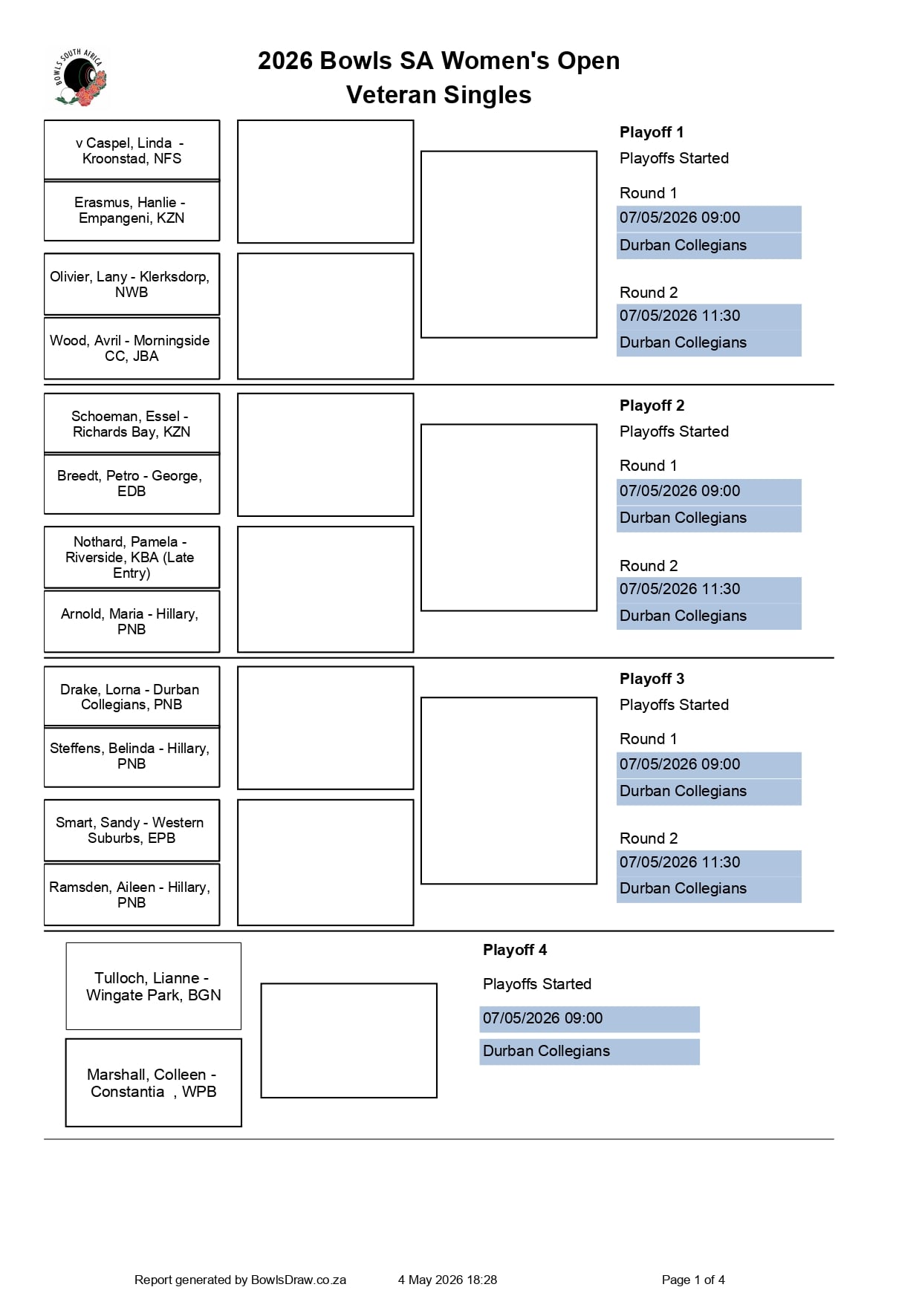 Women’s Nationals 2026 | Port Natal 
Veteran Singles – Section Play Results

The...