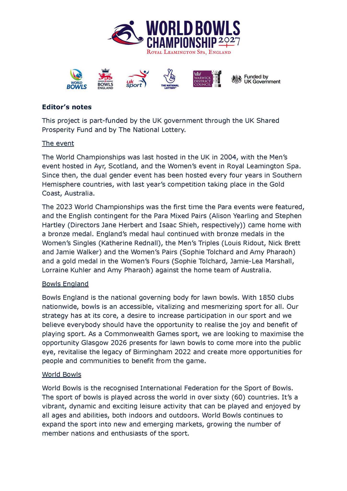 World Bowls And Bowls England Are Pleased To Announce That The 2027 World Bowls ... World Bowls And Bowls England Are Pleased To Announce That The 2027 World Bowls ...
