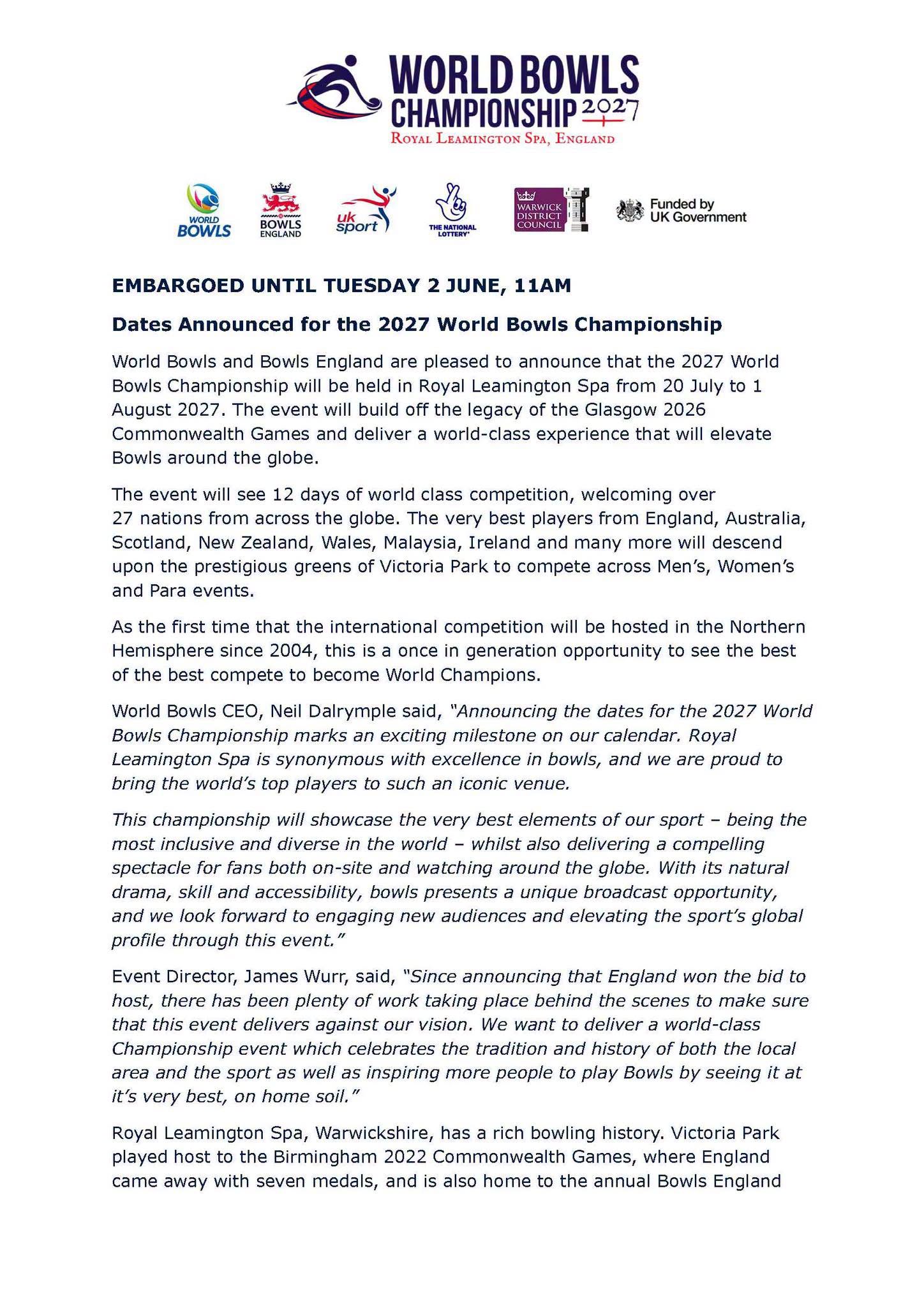 World Bowls And Bowls England Are Pleased To Announce That The 2027 World Bowls ... World Bowls And Bowls England Are Pleased To Announce That The 2027 World Bowls ...