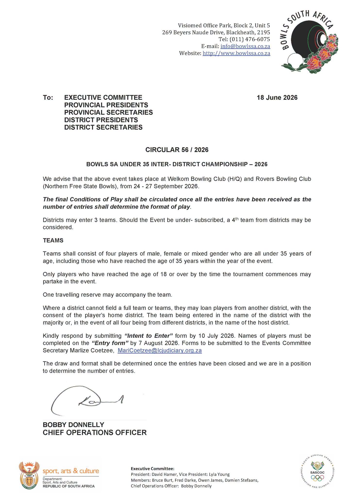 Circular 56 / 2026
Bowls Sa Under 35 Inter- District Championship – 2026
We Advi... Circular 56 / 2026
Bowls Sa Under 35 Inter- District Championship – 2026
We Advi...