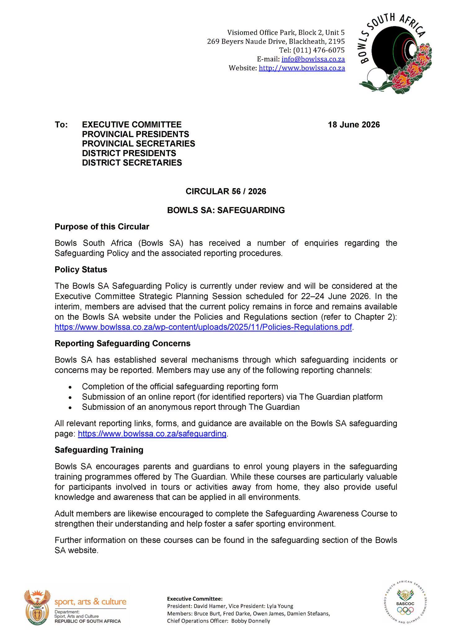 Circular 56 / 2026
Bowls Sa: Safeguarding
Bowls South Africa (Bowls Sa) Has Rece... Circular 56 / 2026
Bowls Sa: Safeguarding
Bowls South Africa (Bowls Sa) Has Rece...