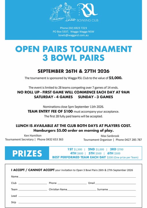 Open Pairs Tournament 3 Bowl Pairs