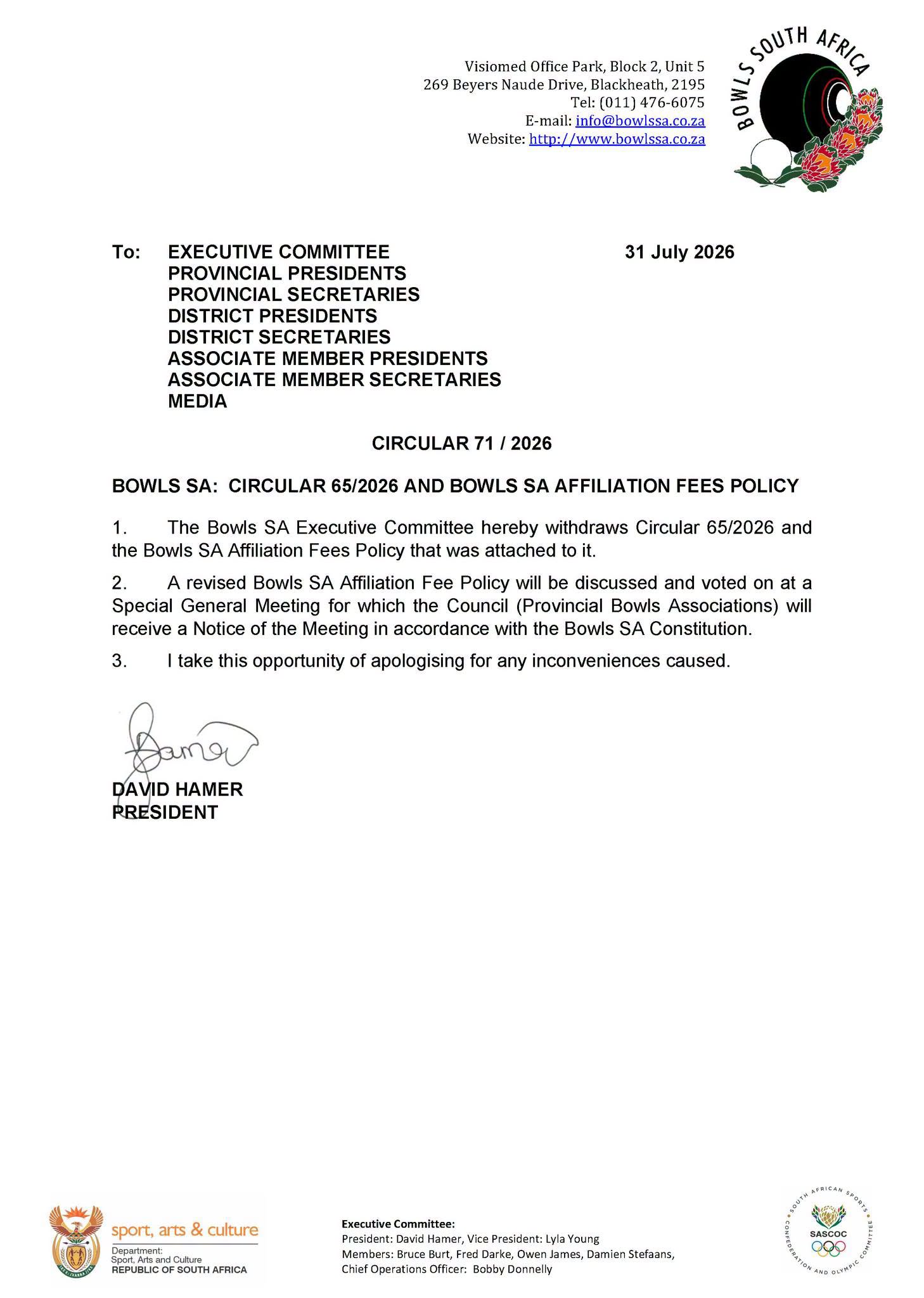 Circular 71 / 2026 Bowls Sa: Circular 65/2026 And Bowls Sa Affiliation Fees Poli...