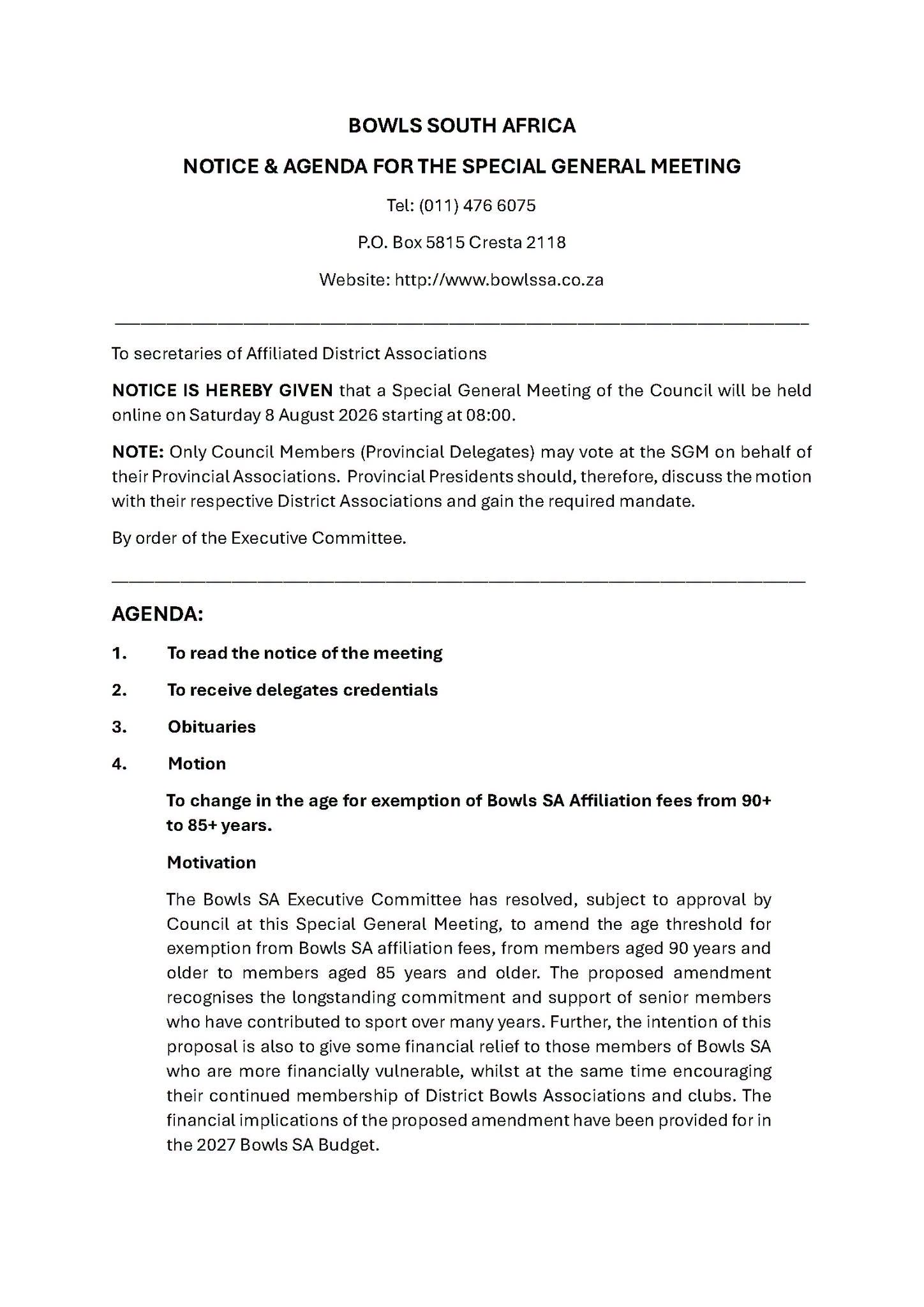 Circular 71 / 2026 Bowls Sa: Circular 65/2026 And Bowls Sa Affiliation Fees Poli...