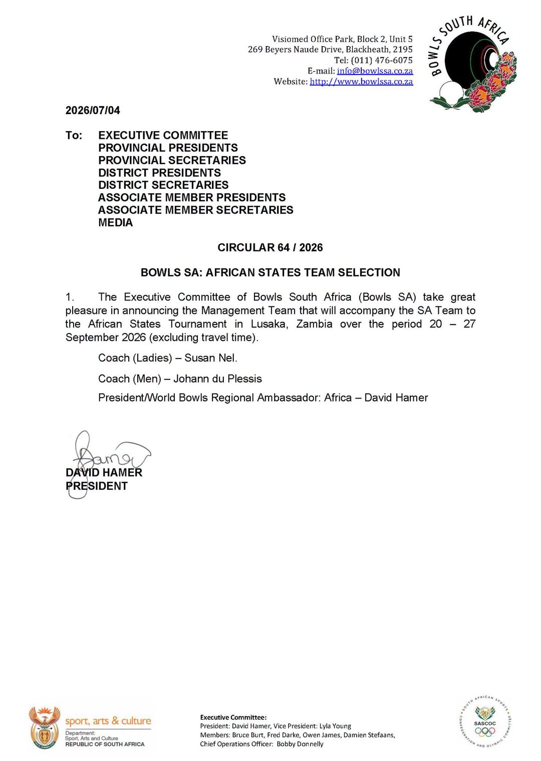 Circular 64 / 2026 Bowls Sa: African States Team Selection The Executive Committ...