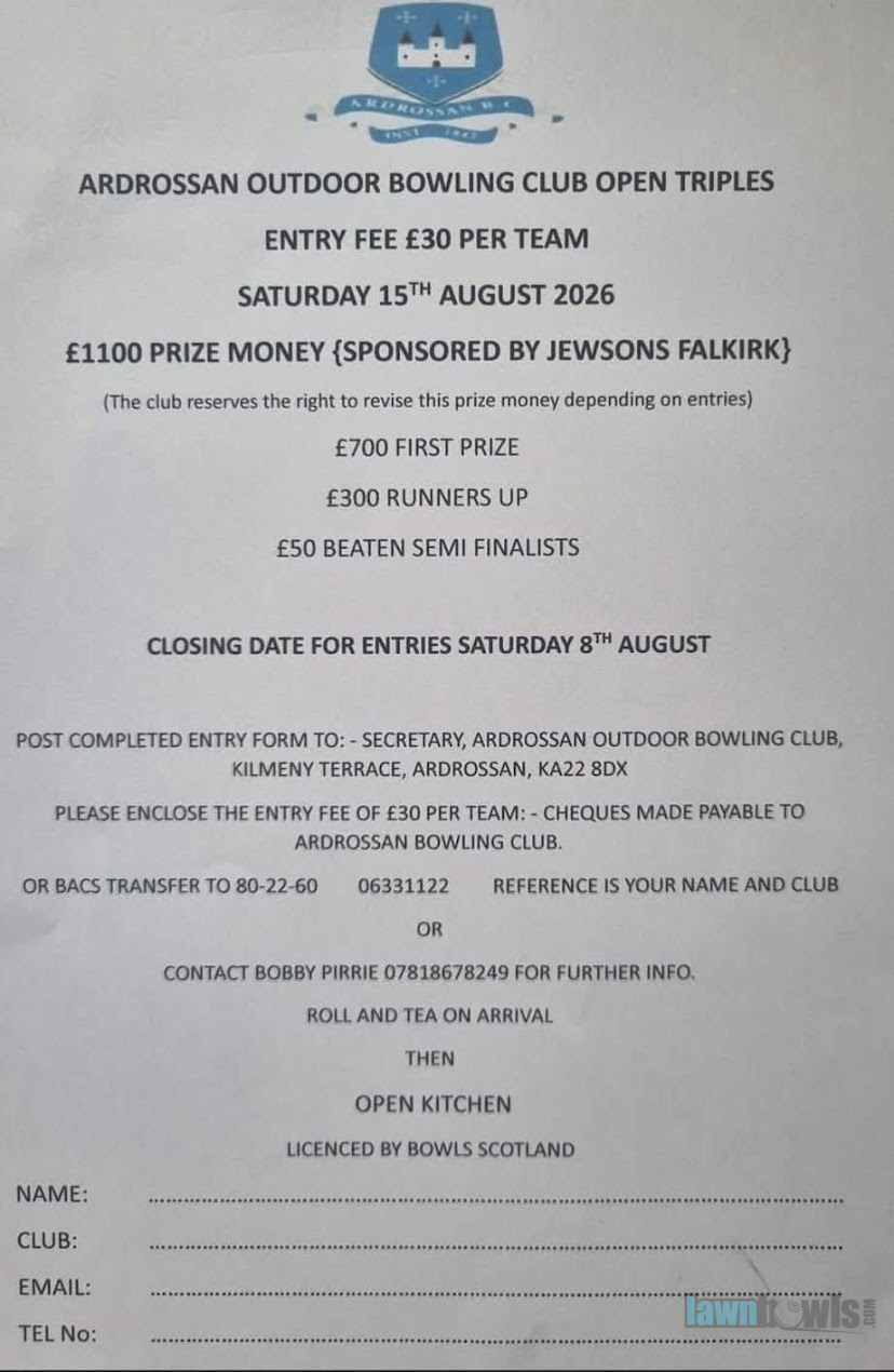 Ardrossan Outdoor Bowling Club Open Triples flyer