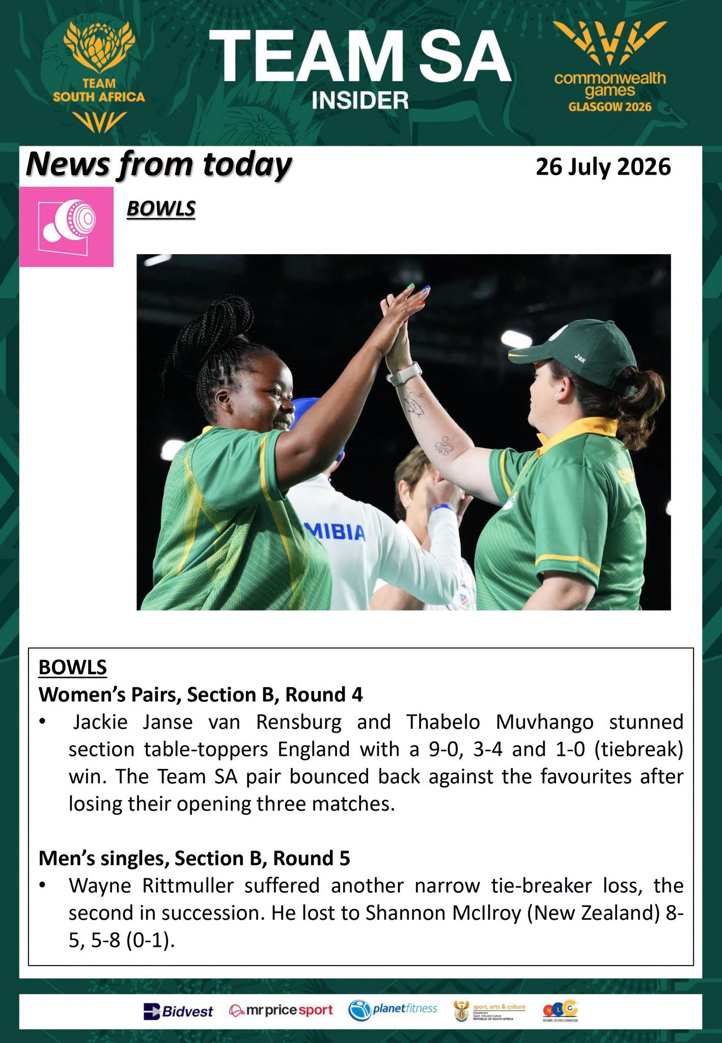 Team SA Insider Bowls news 26 July 2026 #BowlsSouthAfrica #CommonwealthGames