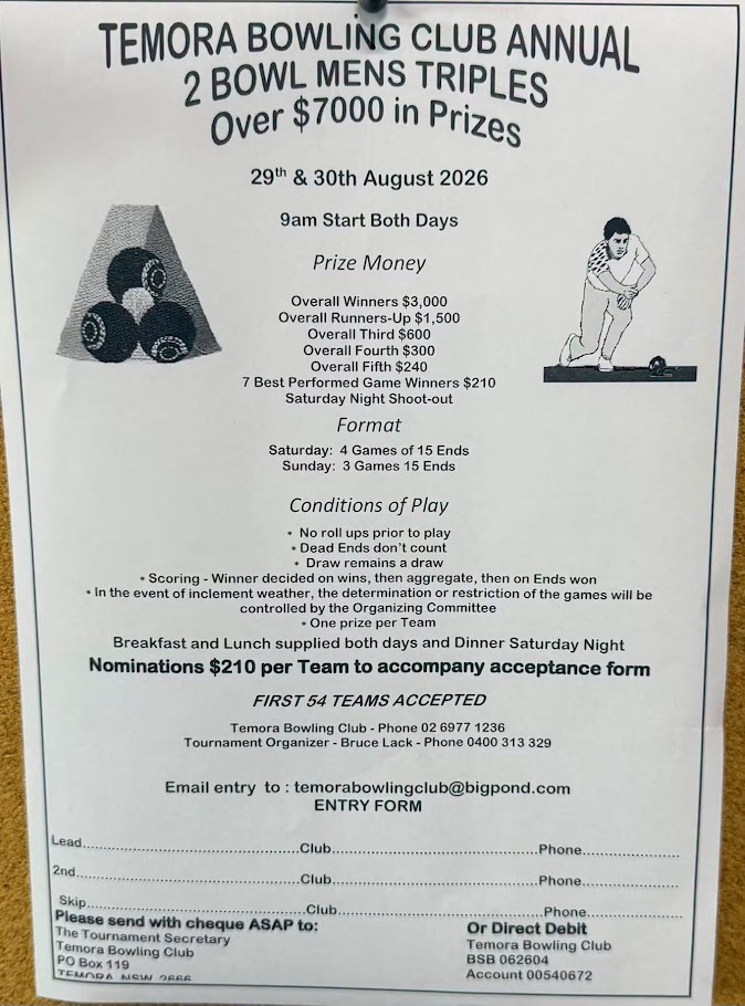 Temora Bowling Club Annual 2 Bowl Mens Triples flyer