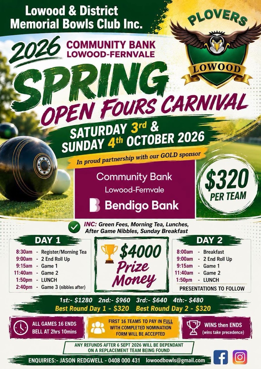 2026 Community Bank Lowood-Fernvale Spring Open Fours Carnival flyer