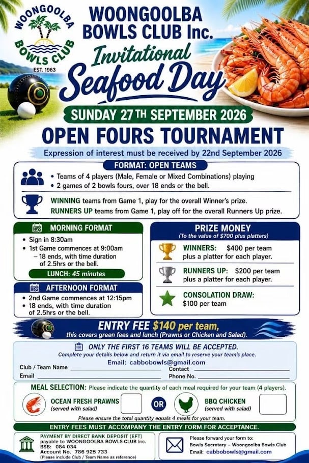 Woongoolba Bowls Club Inc. Invitational Seafood Day Open Fours Tournament