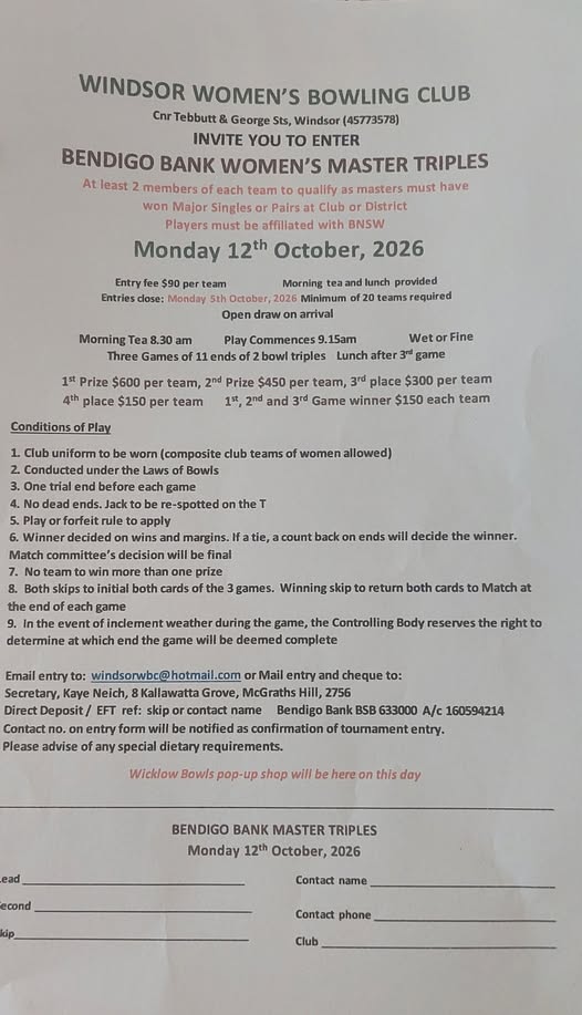 Bendigo Women’s Master Triples flyer