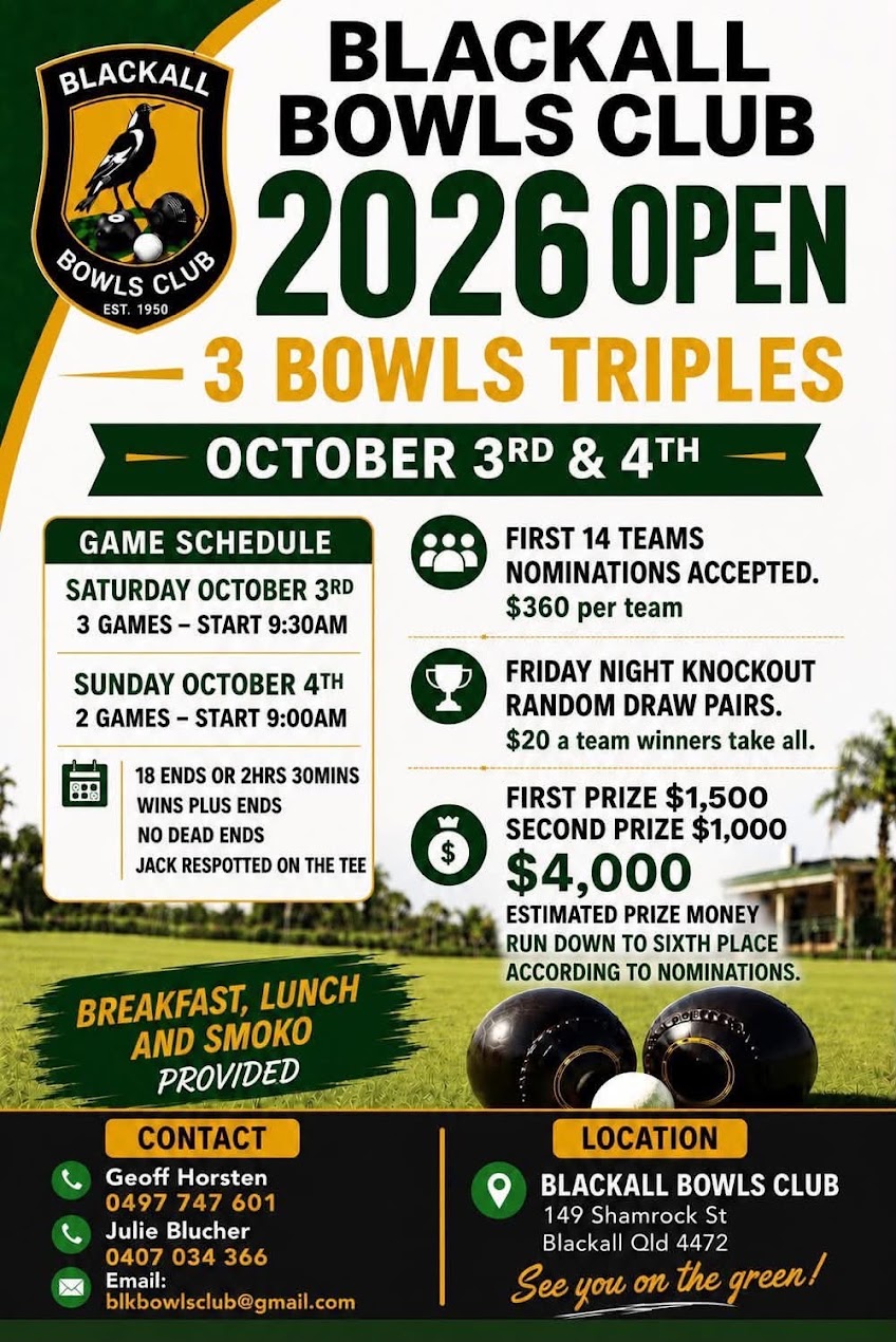 Blackall Bowls Club 2026 Open 3 Bowls Triples