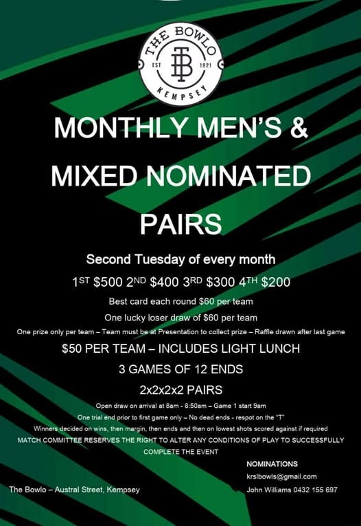Monthly Men’s & Mixed Nominated Pairs flyer