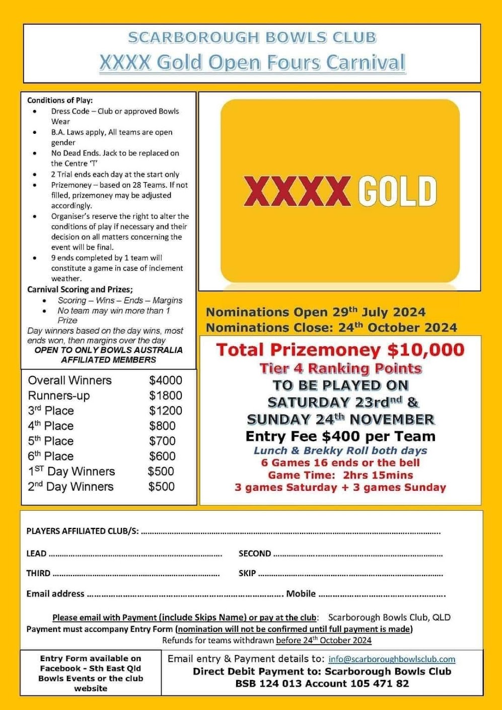 XXX Gold Open Fours Carnival flyer