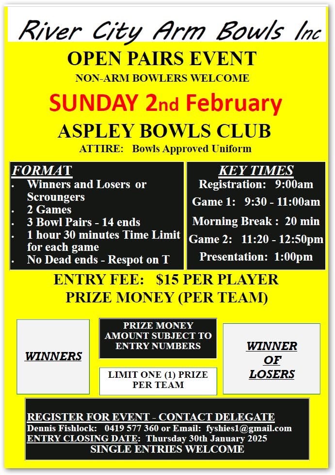 River City Arm Bowls Open Pairs flyer