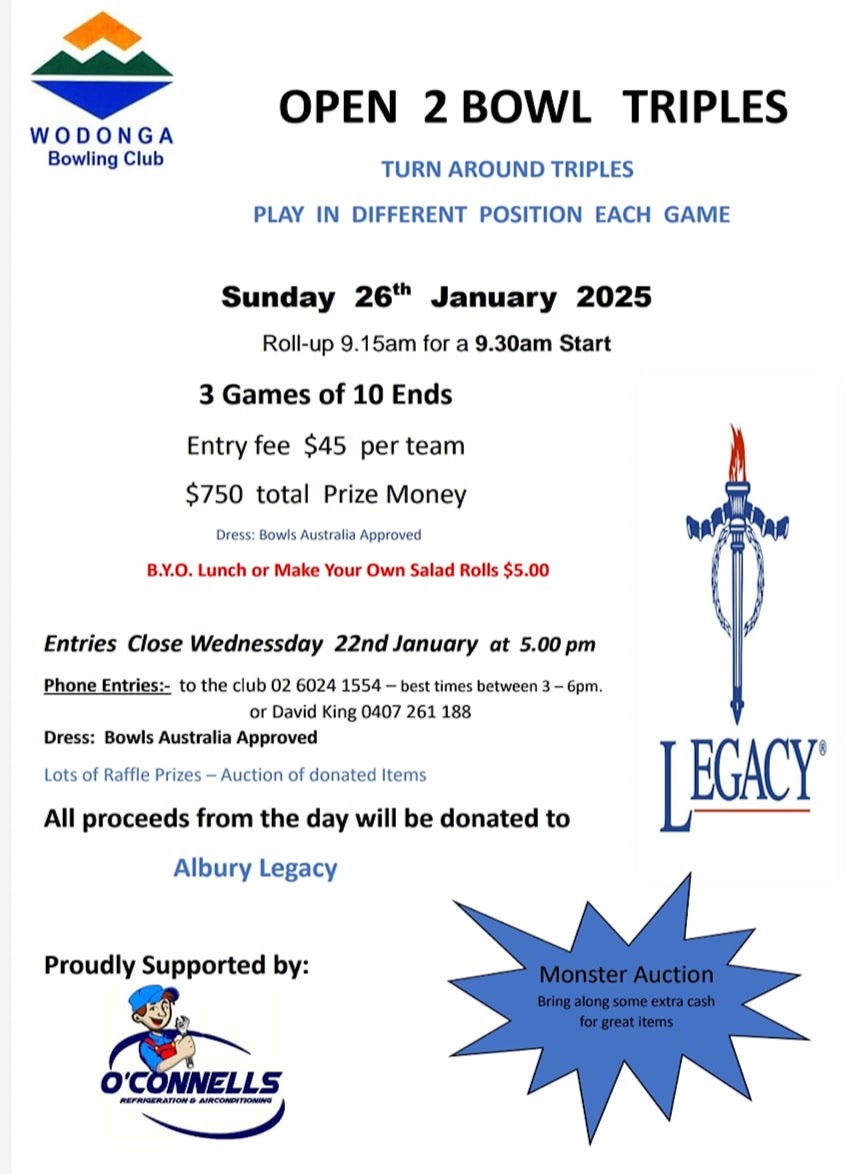 Wodonga Open 2 Bowl Triples flyer