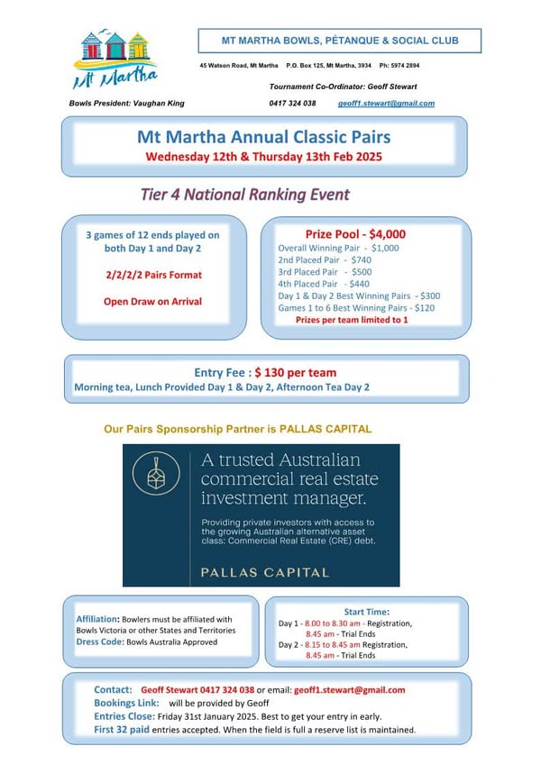 Mt Martha Annual Classic Pairs flyer