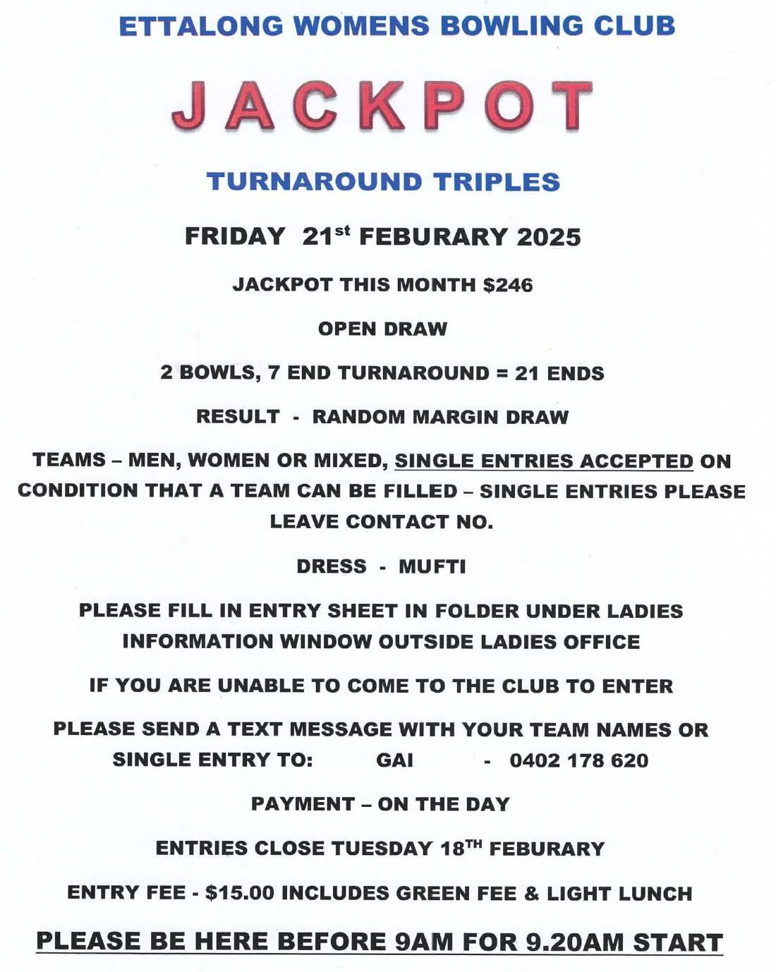 Ettalong ladies Turnaround Triples flyer