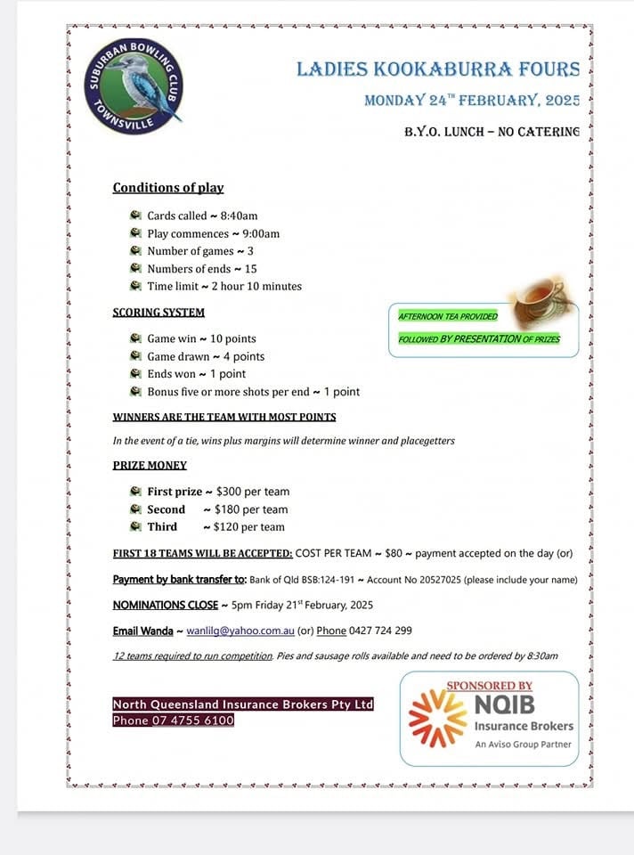 Ladies Kookaburra Fours flyer