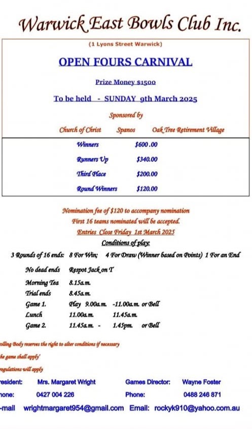 Warwick East Open Fours Carnival flyer