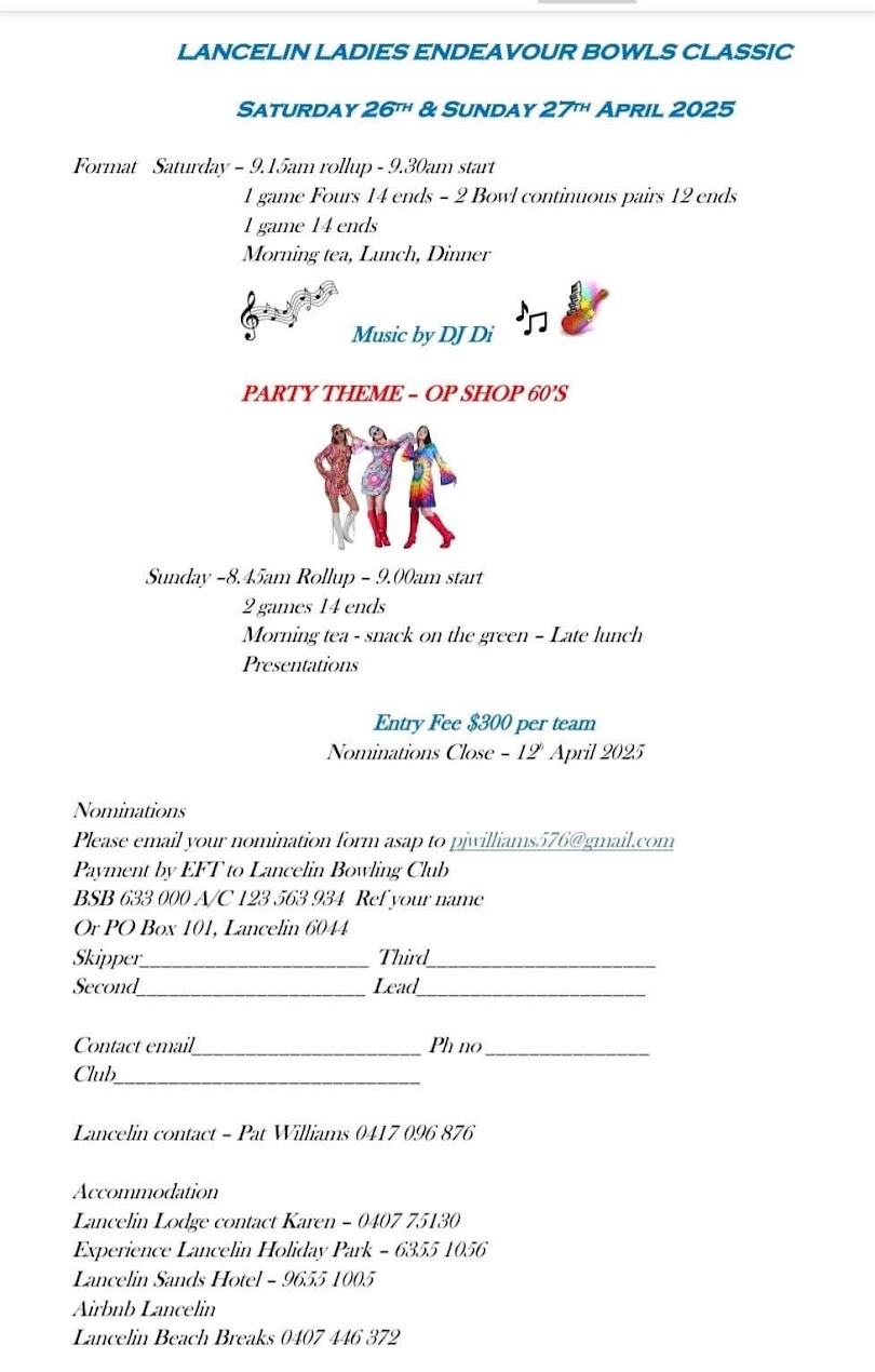 Lancelin Ladies Endeavour Bowls Classic flyer