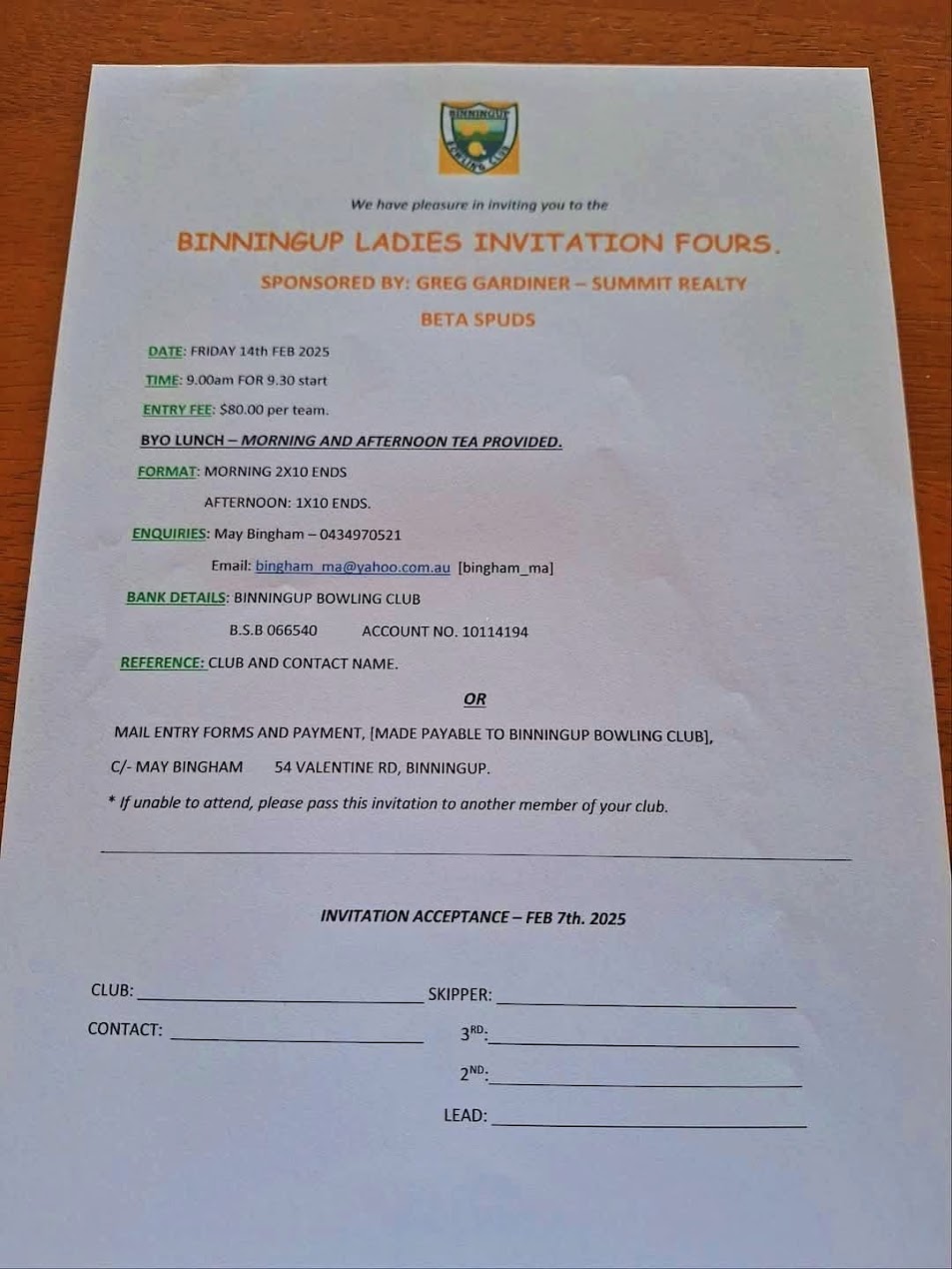 Binningup Ladies Invitational Fours flyer