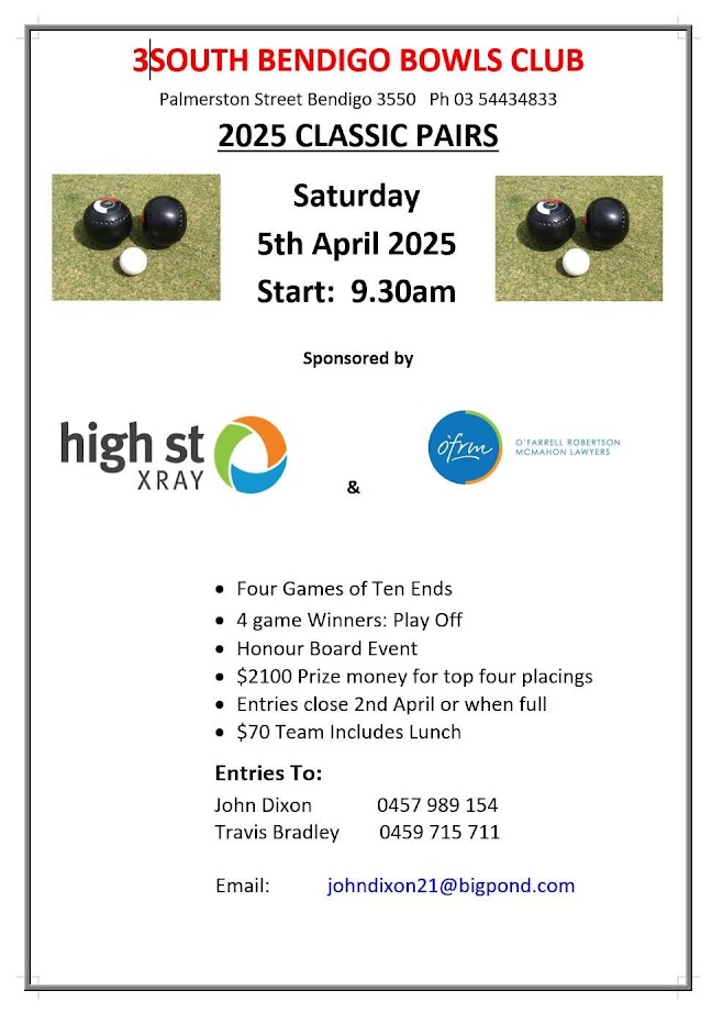 South Bendigo 2025 Classic Pairs flyer
