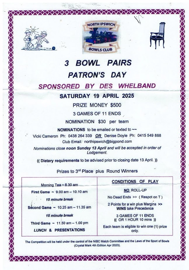 3 Bowl Pairs Patrons Day