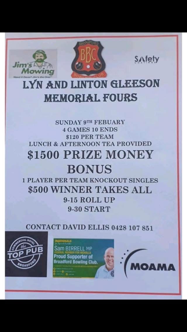Lyn & Linton Gleeson Memorial Fours flyer