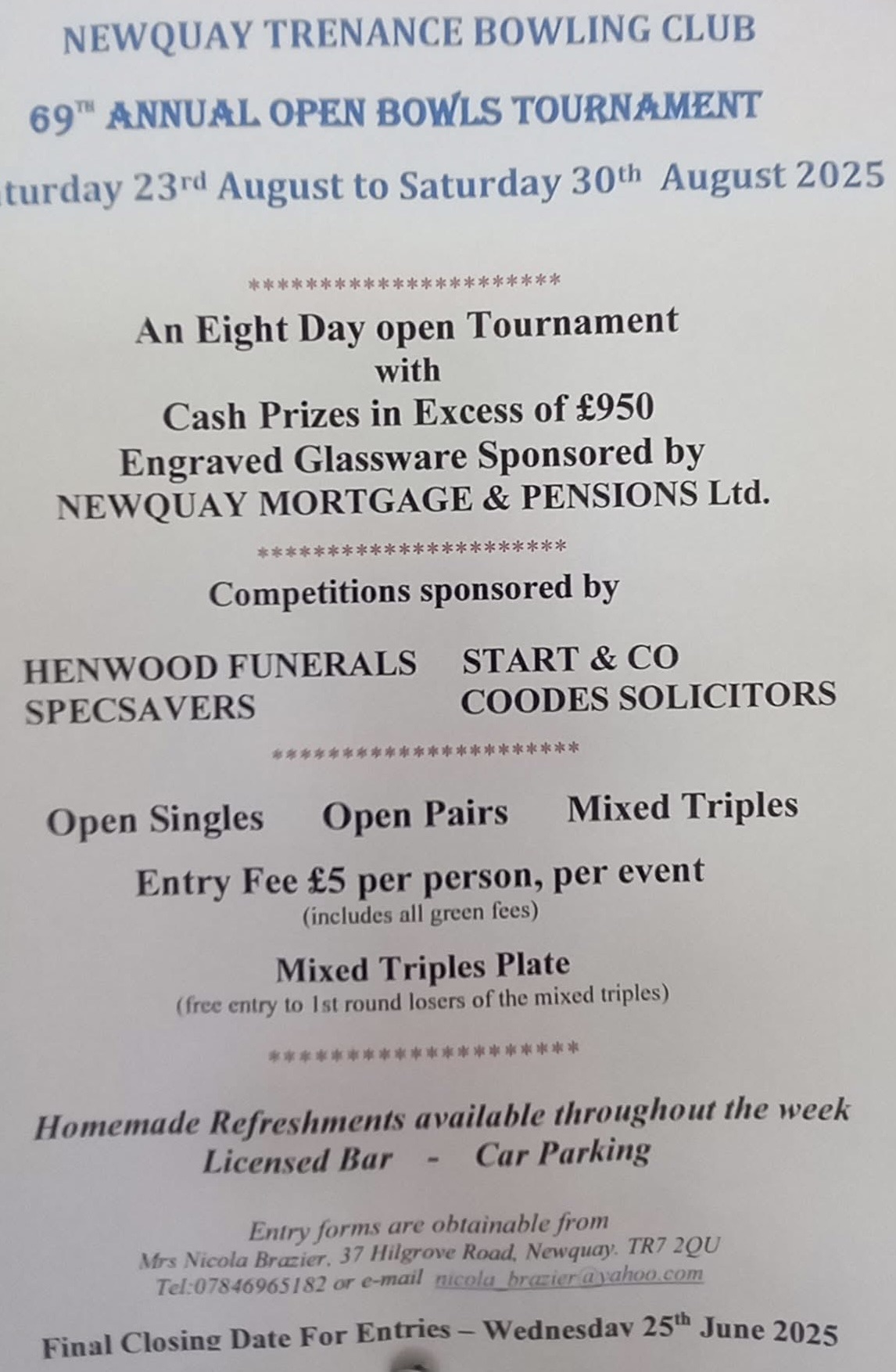 69th Annual Open Bowls flyer