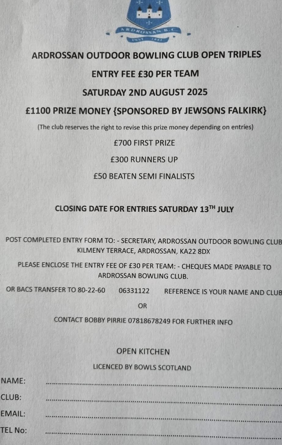 Ardrossan Open Triples flyer