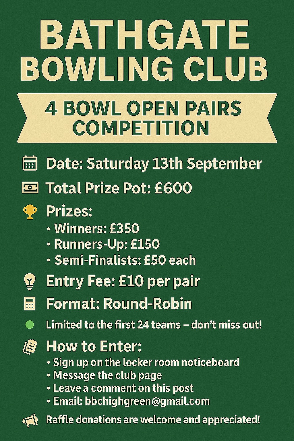 4 Bowl Open Pairs Competition flyer