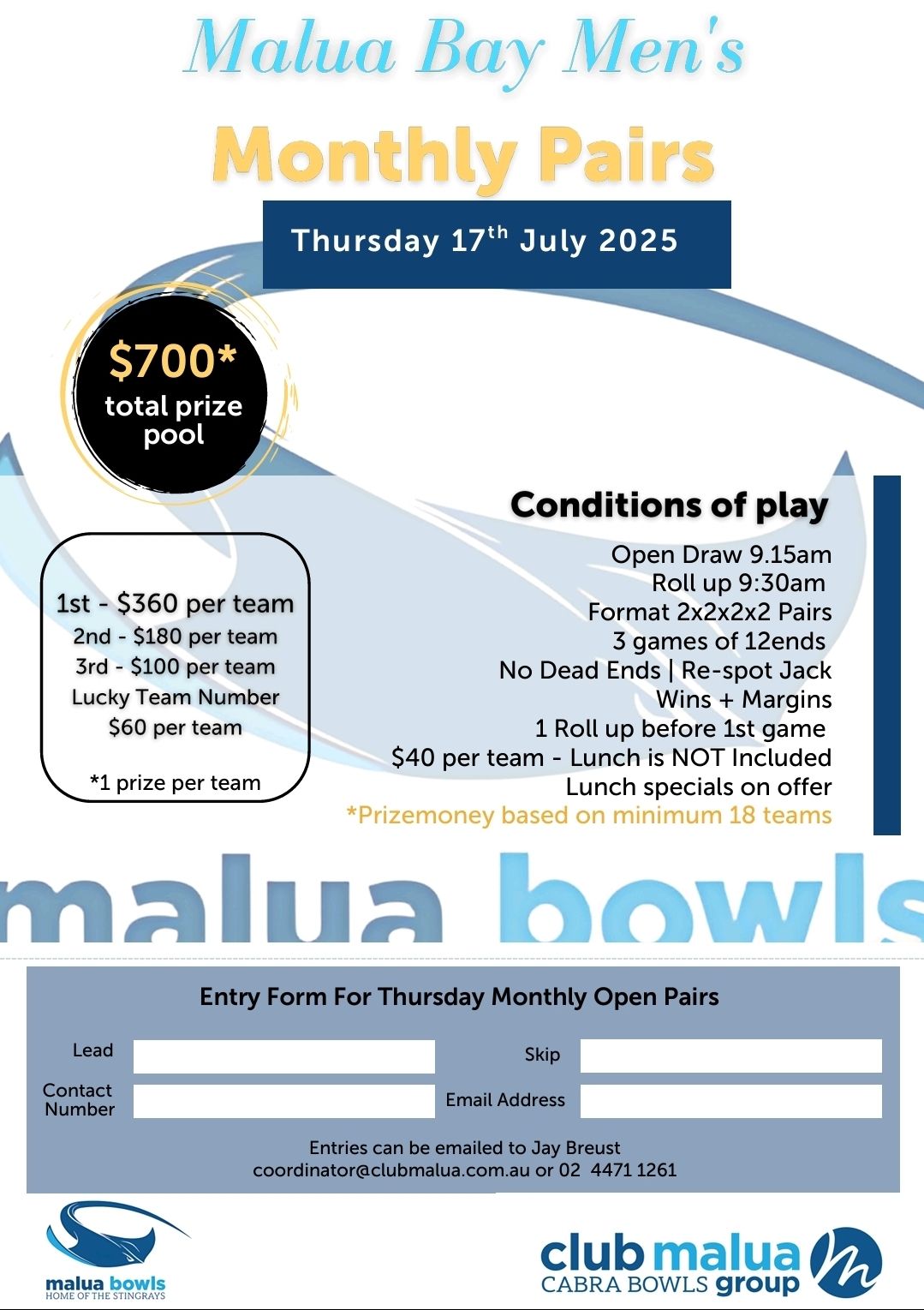 Malua Bay Men’s Monthly Pairs flyer