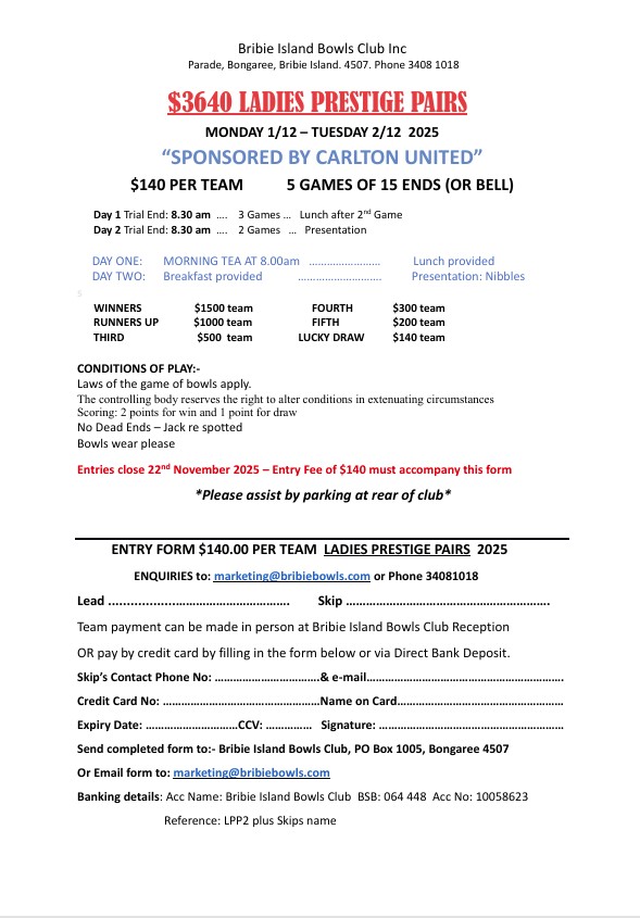 Ladies Prestige Pairs flyer