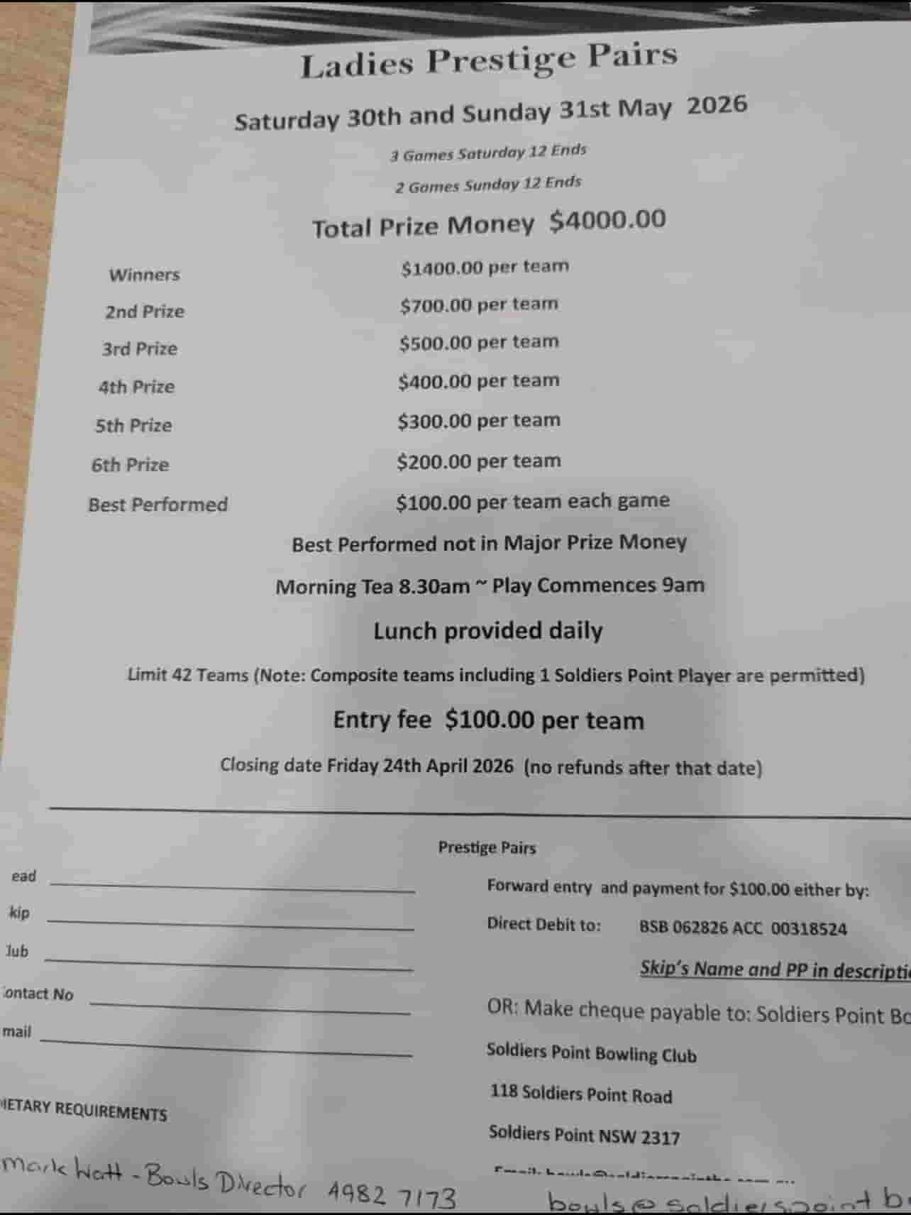 Ladies Prestige Pairs flyer