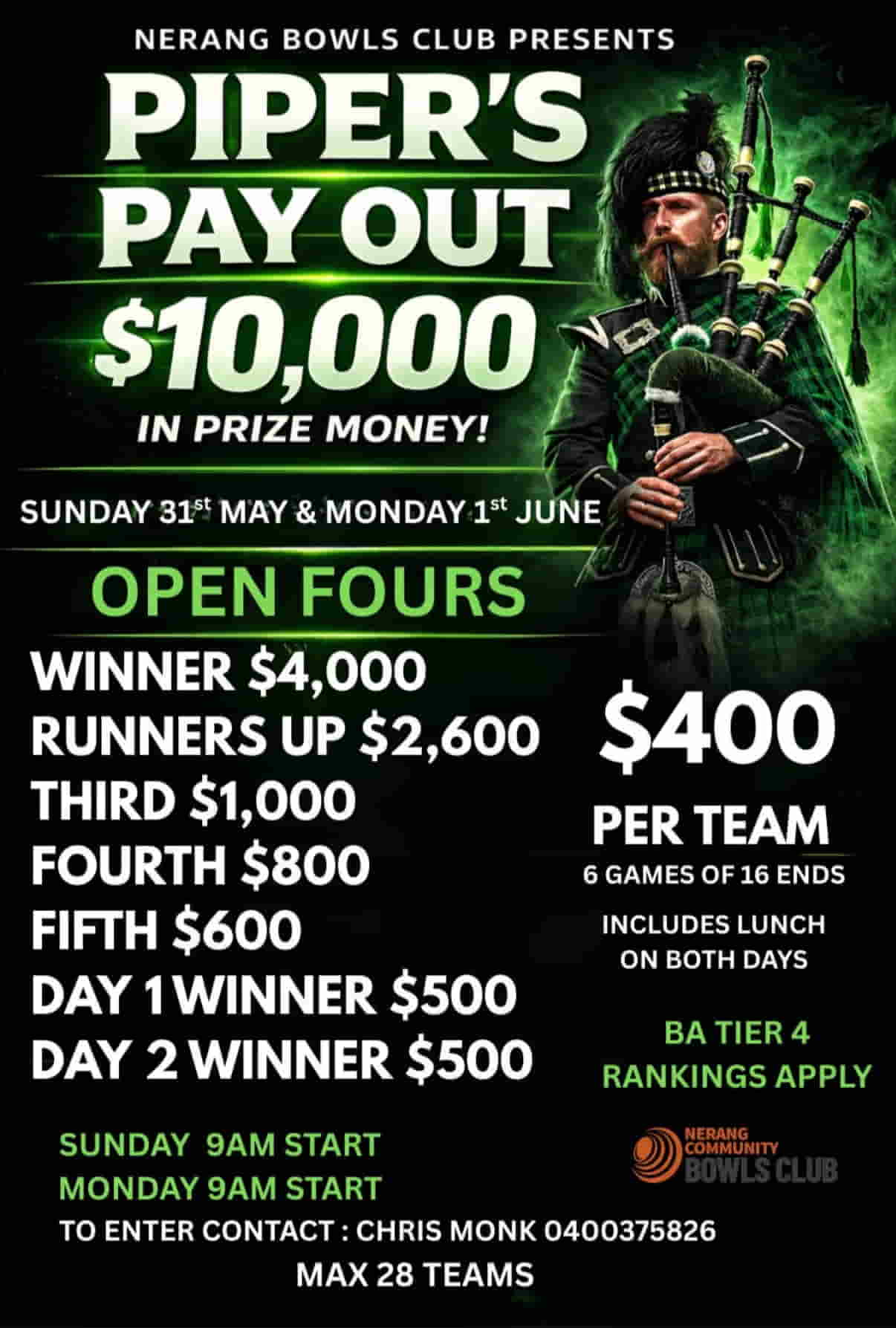 Pipers Pay Out $10000 flyer