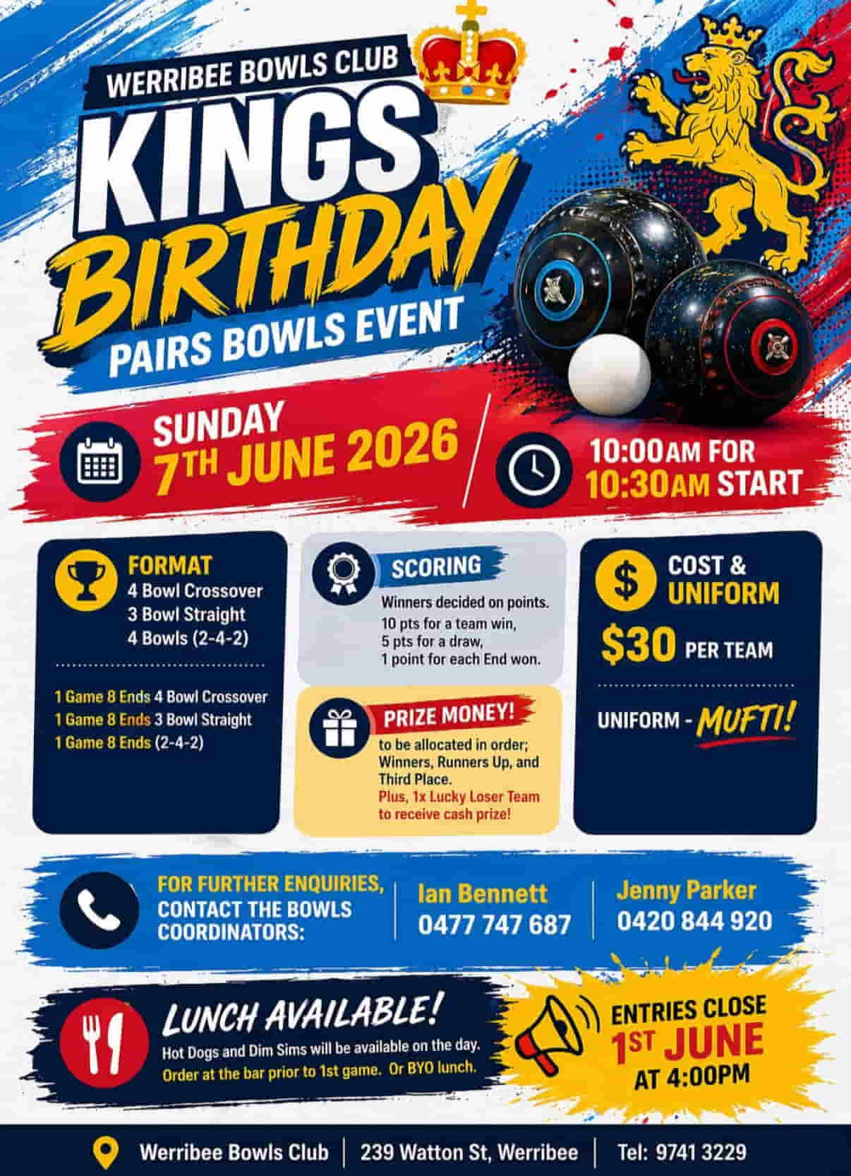 Kings Birthday Pairs Bowls Event flyer