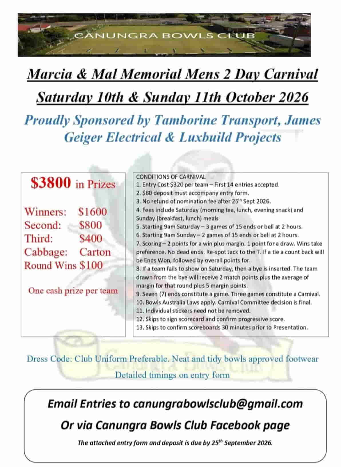 Marcia & Mal Memorial Mens 2 Day Carnival flyer