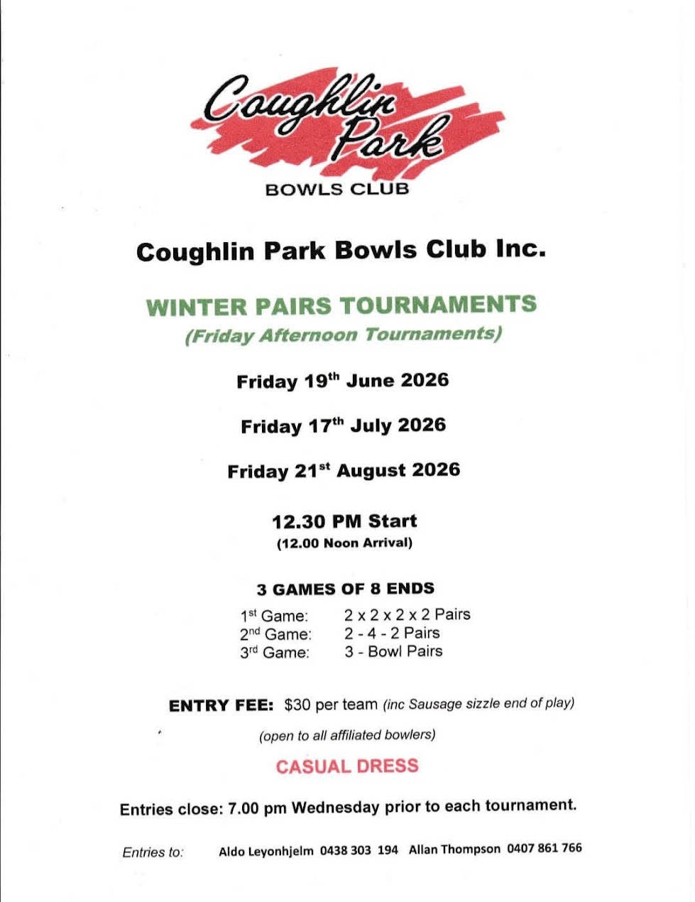 Winter Pairs Tournaments