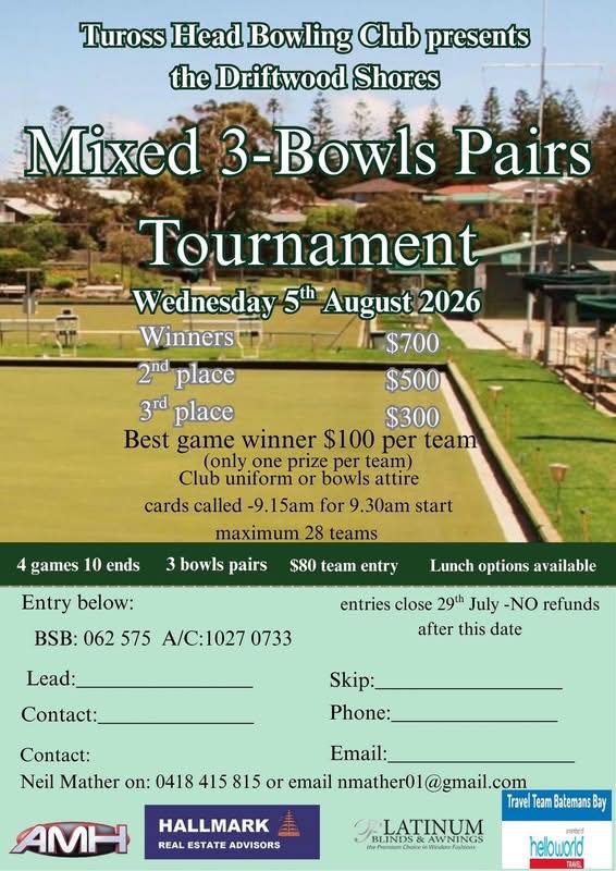 Mixed 3 Bowl Pairs Tournament flyer