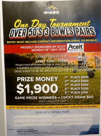 May 2026 Over 50s 3 Bowl Pairs