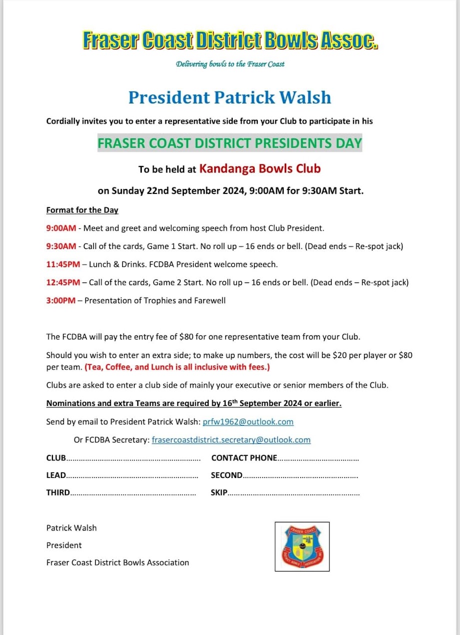 Fraser Coast District Presidents Day flyer