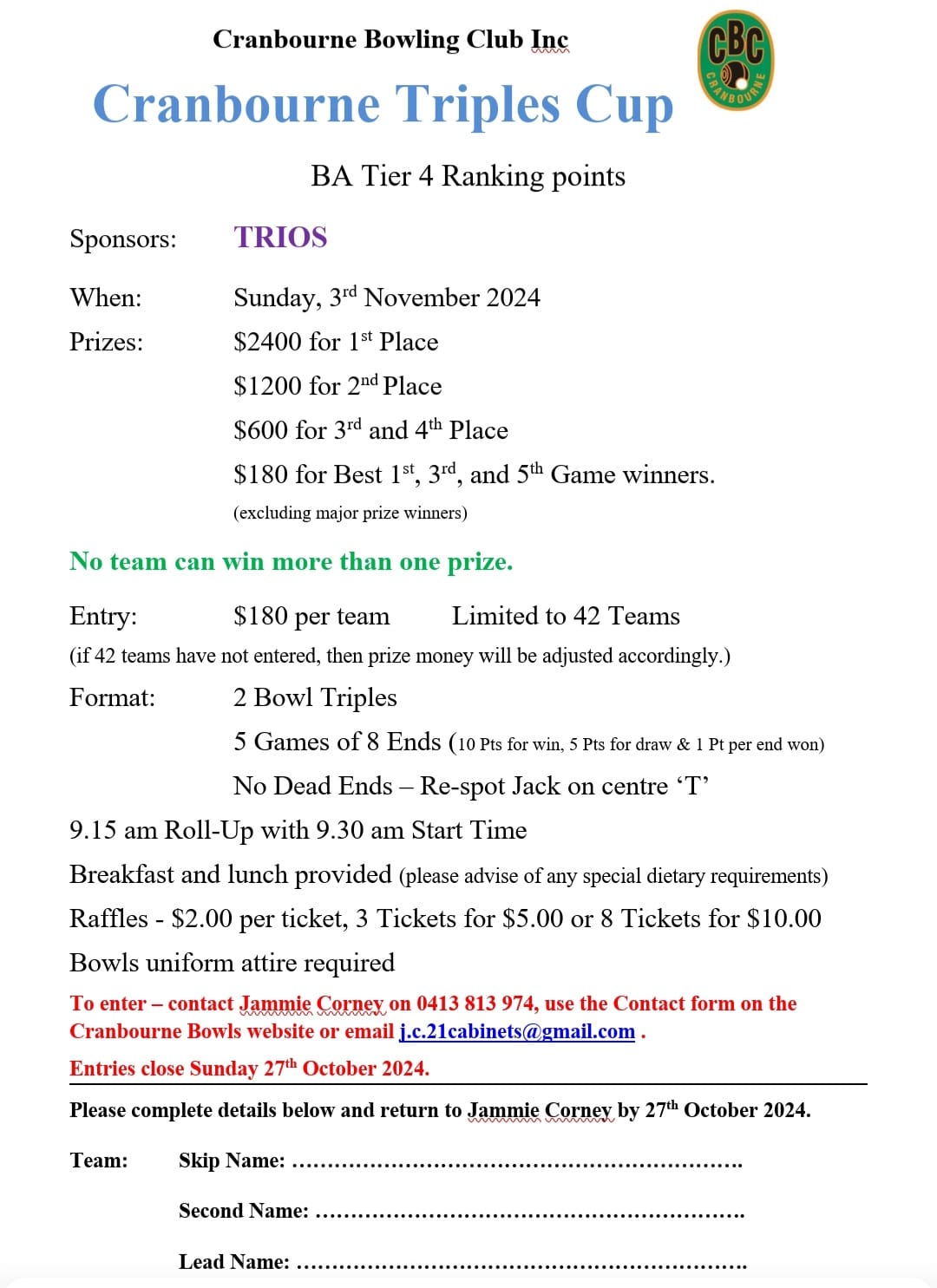 Cranbourne Triples Cup flyer