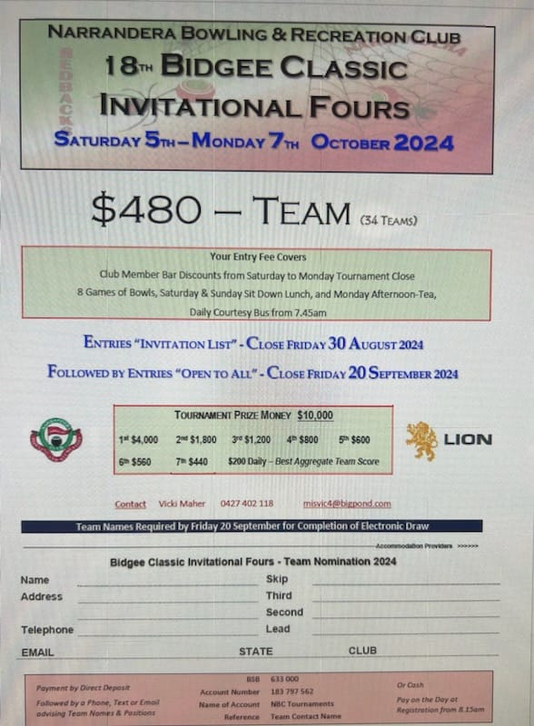 18th Bidgee Classic Invitational Fours flyer